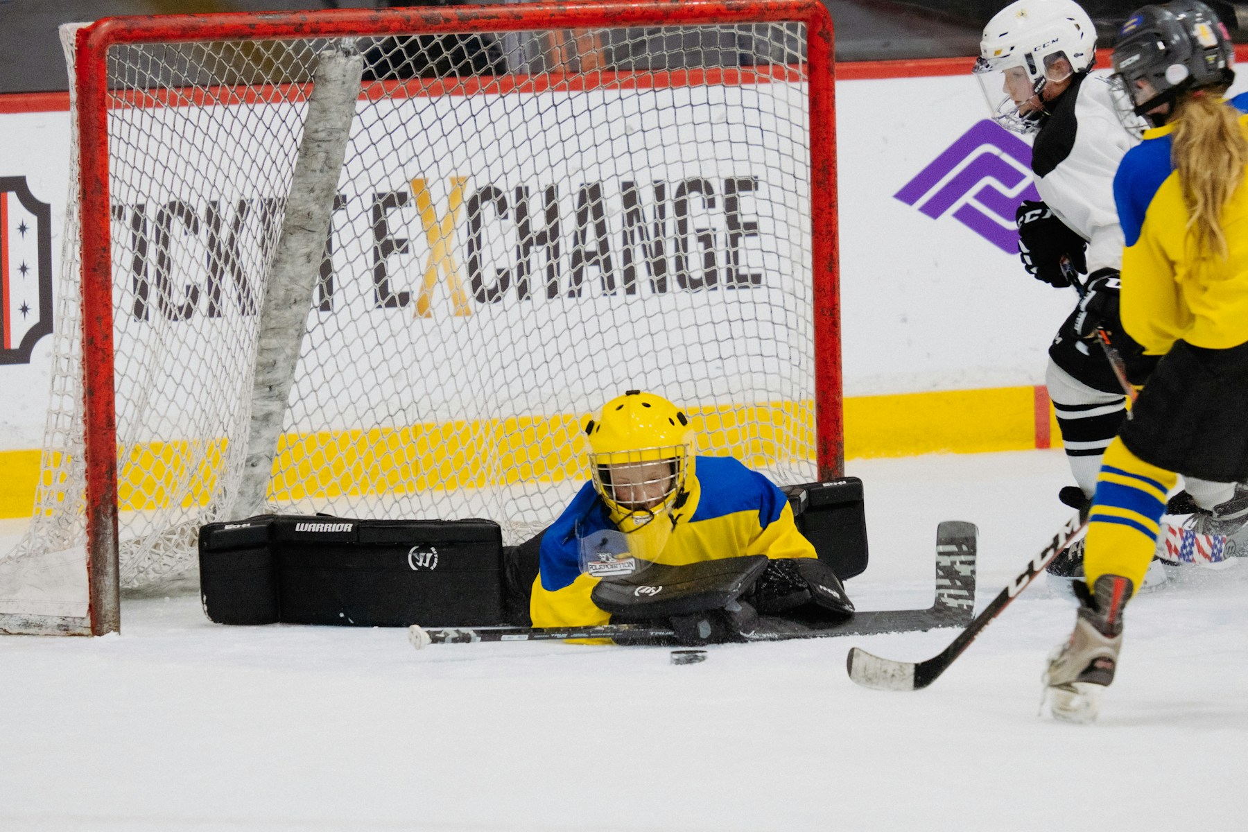 Youth hockey goalie set in the crease during a game