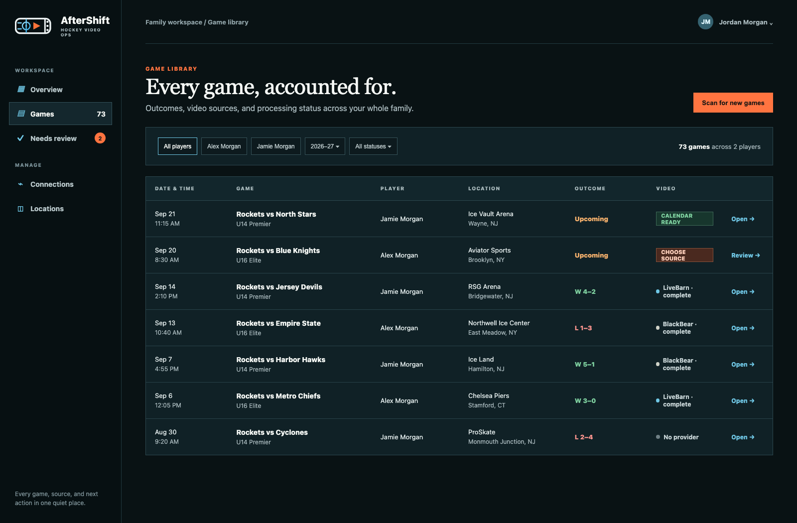 AfterShift game library showing dates, players, outcomes, locations, and video statuses